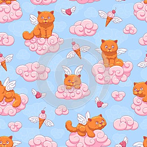 Seamless vector pattern with cute winged kittens, flying hearts and ice cream cones on a background of blue sky and pink clouds.