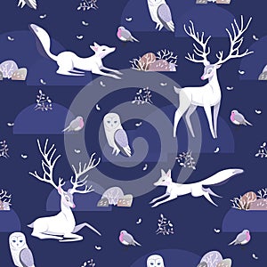 Seamless Vector pattern with Cute Woodland Animals, White Deer, Fox and Owl. Winter atmosphere. Scandinavian