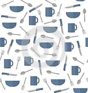 Seamless vector pattern with cutlery. Fork, spoon, knife, bowl and mug on white background.