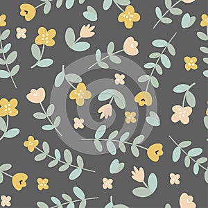 Seamless vector pattern. Delicate flowers in Scandinavian style, naive art. Pattern on gray background