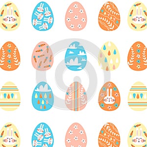 Seamless vector pattern with different colorful Easter eggs on white background. Spring festive texture.