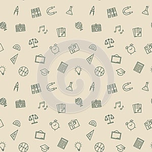 Seamless vector pattern with different drawings related to the school. School supplies and office stationary on beige background.