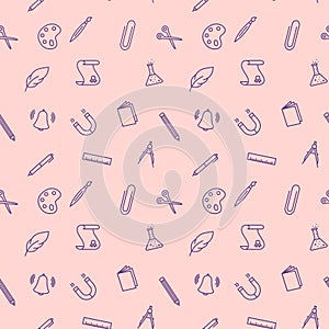 Seamless vector pattern with different drawings related to the school. School supplies and office stationary on pink background.