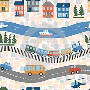 Seamless vector pattern with different types of roads and transport. Railroad with train, river with boats, road with