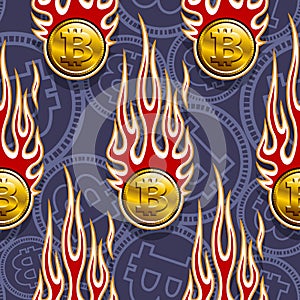 Seamless vector pattern of digital bitcoin crypto currency icons and flames.