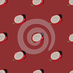 Seamless vector pattern with dragon fruit on blood redk background. vector design of exotic tropical fruit pitayas