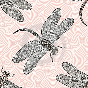 Seamless vector pattern with dragonfly on a rose background.