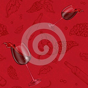Seamless vector pattern drawing on a red background and realistic wineglass wine with spills. The vine bottle, berries, grapes and