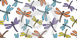Seamless vector pattern of drawn colorful flying dragonflies,background for textile,wallpaper