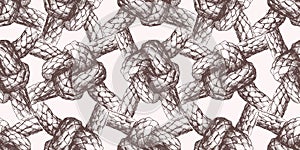 Seamless vector pattern of drawn rigging rope tied in sea knots, background for wallpaper,paper