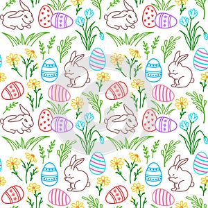 Seamless vector pattern with Easter rabbits, Easter eggs and meadow flowers