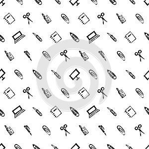 Seamless vector pattern with elements of office supplies. Black and white background with scissors, notebook, laptop, pc,pen,penci