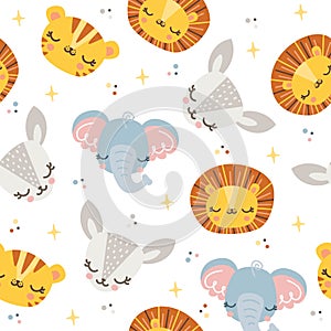 Seamless vector pattern. Elephant, tiger, lion and baby deer. Background for children's products on white background
