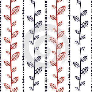 Seamless vector pattern, endless background with ornamental decorative elements in the shape of branch with leaves and dotted line