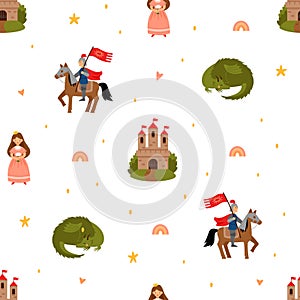 Seamless vector pattern with fairy tale characters. Princess, knight, dragon and castle isolated on a white background