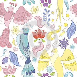 Seamless vector pattern with fantasy birds, feathers and flowers