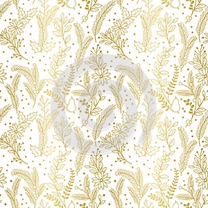Seamless Vector Pattern of Faux Gold Foil Christmas Holiday Florals