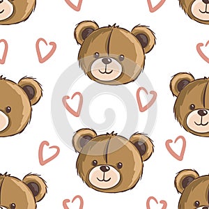 Seamless vector pattern featuring cute bear faces and hearts