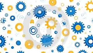 Seamless vector pattern featuring gears and nuts for mechanical engineering in blue and yellow
