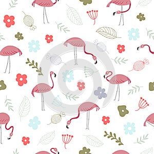 Seamless vector pattern with flamingo and flowers. Hand drawn illustration.