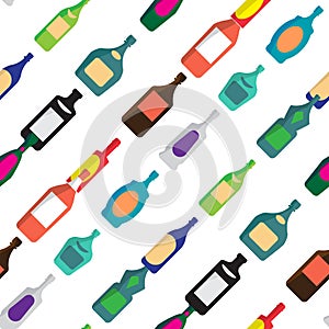 Seamless vector pattern with flat bottles of alcoholic beverages