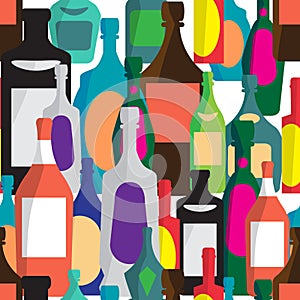 Seamless vector pattern with flat bottles of alcoholic beverages