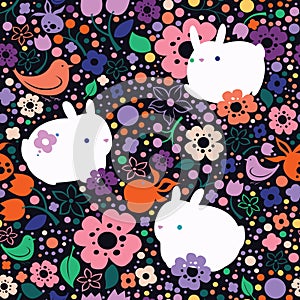 Seamless vector pattern with flowers and rabbits
