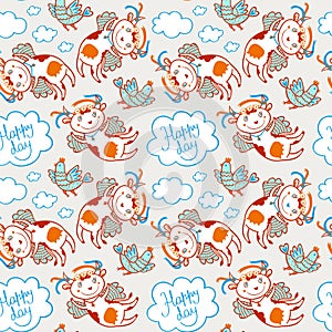 Seamless vector pattern of flying funny cow and chicken in the sky with clouds