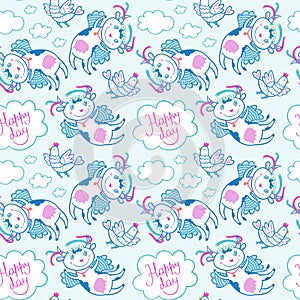 Seamless vector pattern of flying funny cow and chicken in the sky with clouds