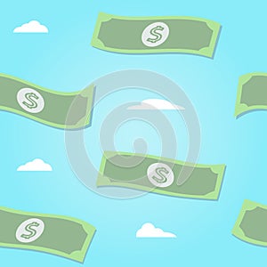 Seamless vector pattern of flying paper money whith clouds on blue background. Vector illustration.