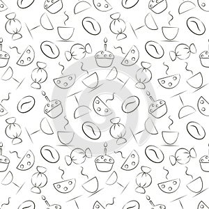 Seamless vector pattern with food and drink. Black and white background with cups, cofee grains, cake, candy and glass
