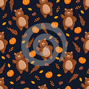 Seamless vector pattern with forest brown bears, pumpkins, leaves and fir cones. Vector illustration for fabric, texture