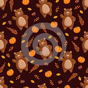 Seamless vector pattern with forest brown bears, pumpkins, leaves and fir cones. Vector illustration for fabric, texture