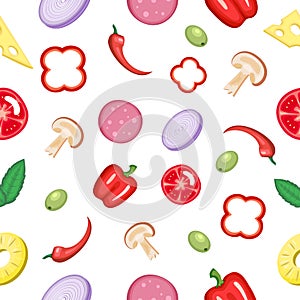 Seamless vector pattern with fresh basil, onion and black pepper, pizza ingredient