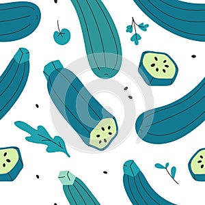 Seamless vector pattern with fresh organic vegetable zucchini squash with leaves and herb. Backdrop with vegetarian food ingredien