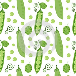 Seamless vector pattern with fresh sweet organic green pea with leaves.