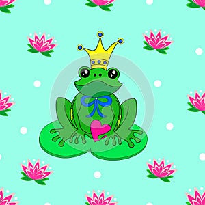 Seamless vector pattern - frog prince with heart in the lily pond