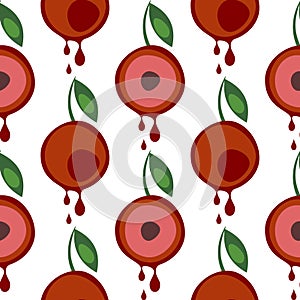 Seamless vector pattern with fruits. Symmetrical background with cherries and leaves on the white backdrop