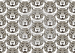 Seamless vector pattern of funny dog faces in the style of retro engraving