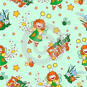 Seamless vector pattern with a funny red-haired fairy