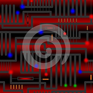 Seamless vector pattern - futuristic electronic circuit with light-emitting diodes in red, orange and blue