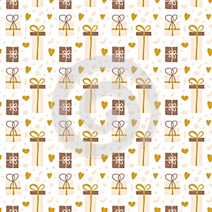 Seamless vector pattern with gift boxes  hearts  dots. Kids illustration in flat style