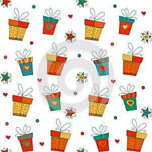 Seamless vector pattern with gift boxes, stars and