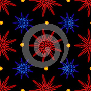 Seamless vector pattern: glowing red and blue stars in stained glass optics on a black background