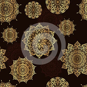 Seamless vector pattern with golden mandalas on a brown background.