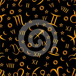 Seamless vector pattern - golden zodiac symbols, sun, moon, stars and digits on black background