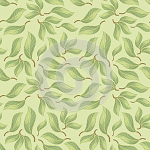 Seamless vector pattern with green forest leaves with veins on a light green shade background