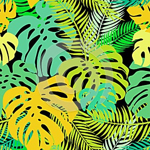 Seamless vector pattern of greenery leaves monstera and palm. Exotic tropical repeat ornament