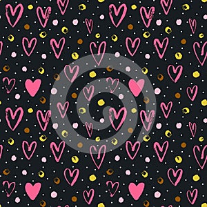Seamless vector pattern with grunge hearts and dots. Love background for Valentine`s day.