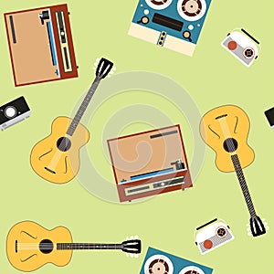 Seamless vector pattern with guitars and players on the light green background.